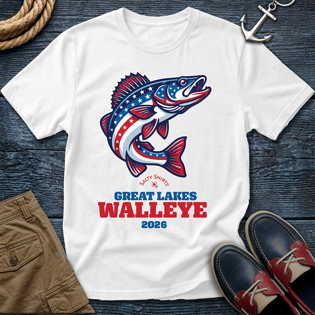 White t-shirt with a fish graphic and text Great Lakes Walleye 2026