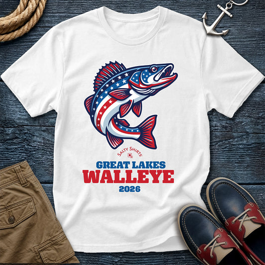 White t-shirt with a fish graphic and text Great Lakes Walleye 2026