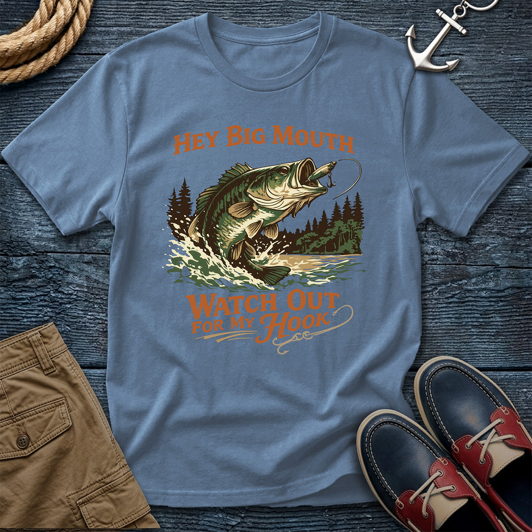 Hey Big Mouth Fishing T-Shirt in Blue Jean — vintage bass graphic tee on Comfort Colors 1717
