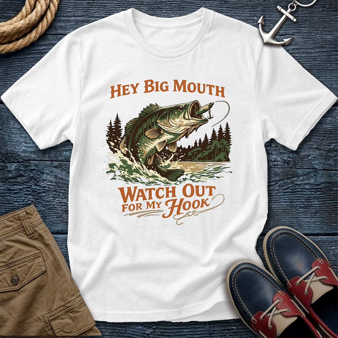 Hey Big Mouth Fishing T-Shirt in White — vintage bass graphic tee on Comfort Colors 1717