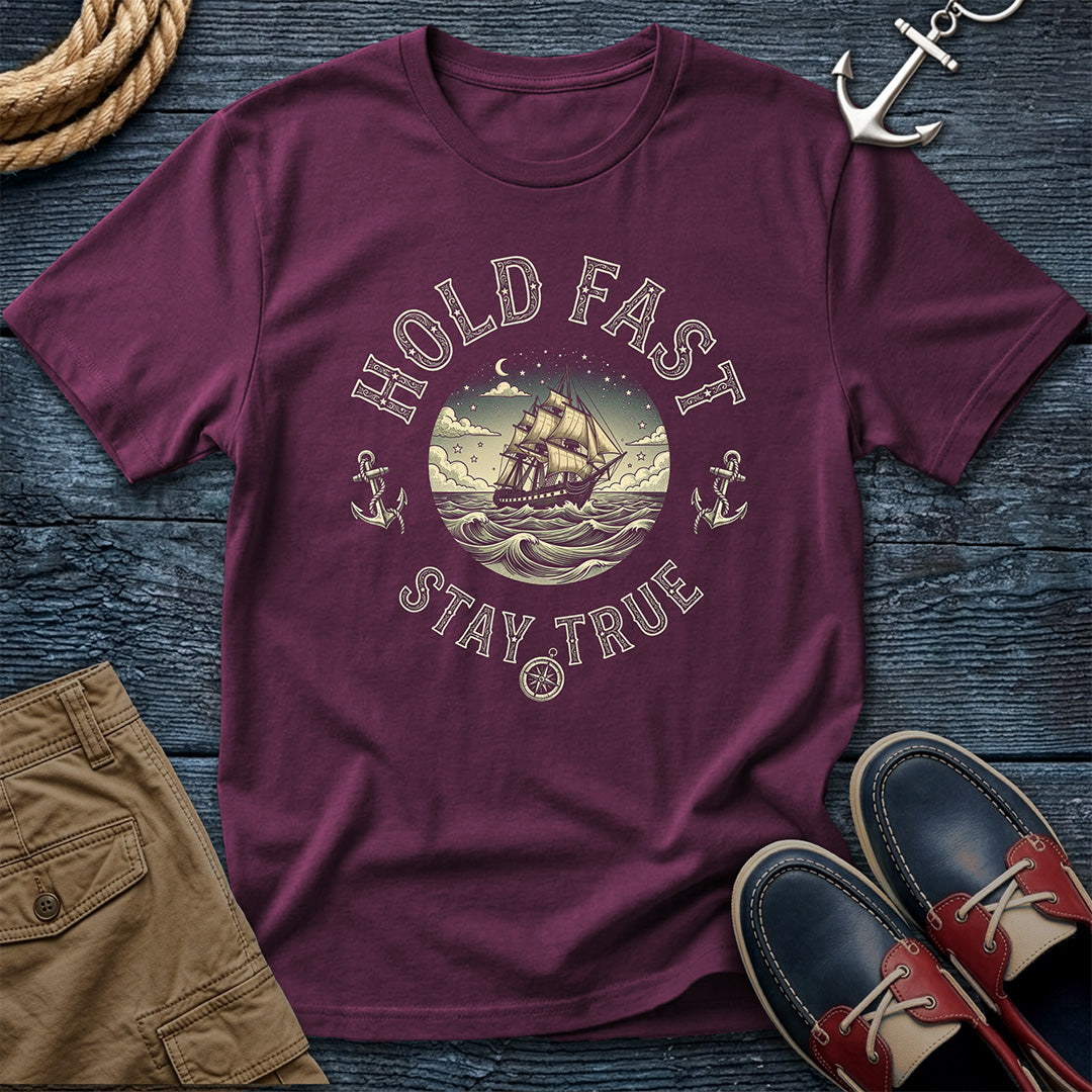 Grape Hold Fast Stay True T-Shirt in Red – nautical tall ship graphic tee by Salty Shirts