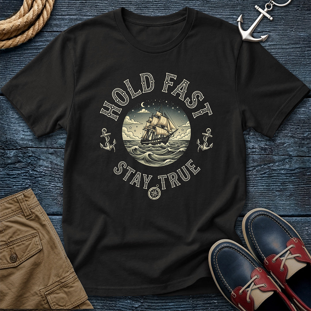 Black Hold Fast Stay True T-Shirt in Red – nautical tall ship graphic tee by Salty Shirts