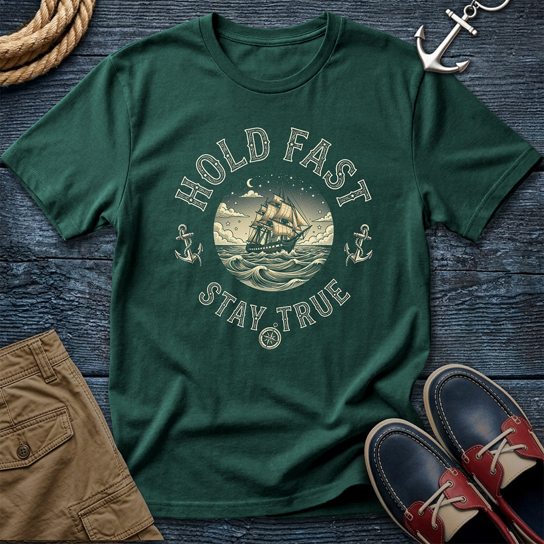 Blue Spruce Hold Fast Stay True T-Shirt in Red – nautical tall ship graphic tee by Salty Shirts