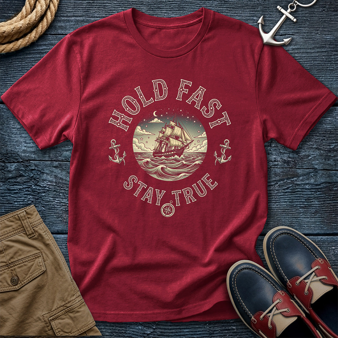 Chili Hold Fast Stay True T-Shirt in Red – nautical tall ship graphic tee by Salty Shirts