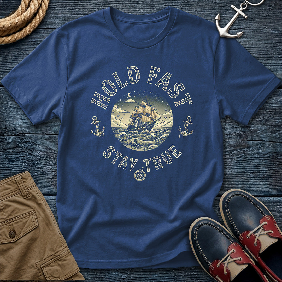 Denim Hold Fast Stay True T-Shirt in Red – nautical tall ship graphic tee by Salty Shirts