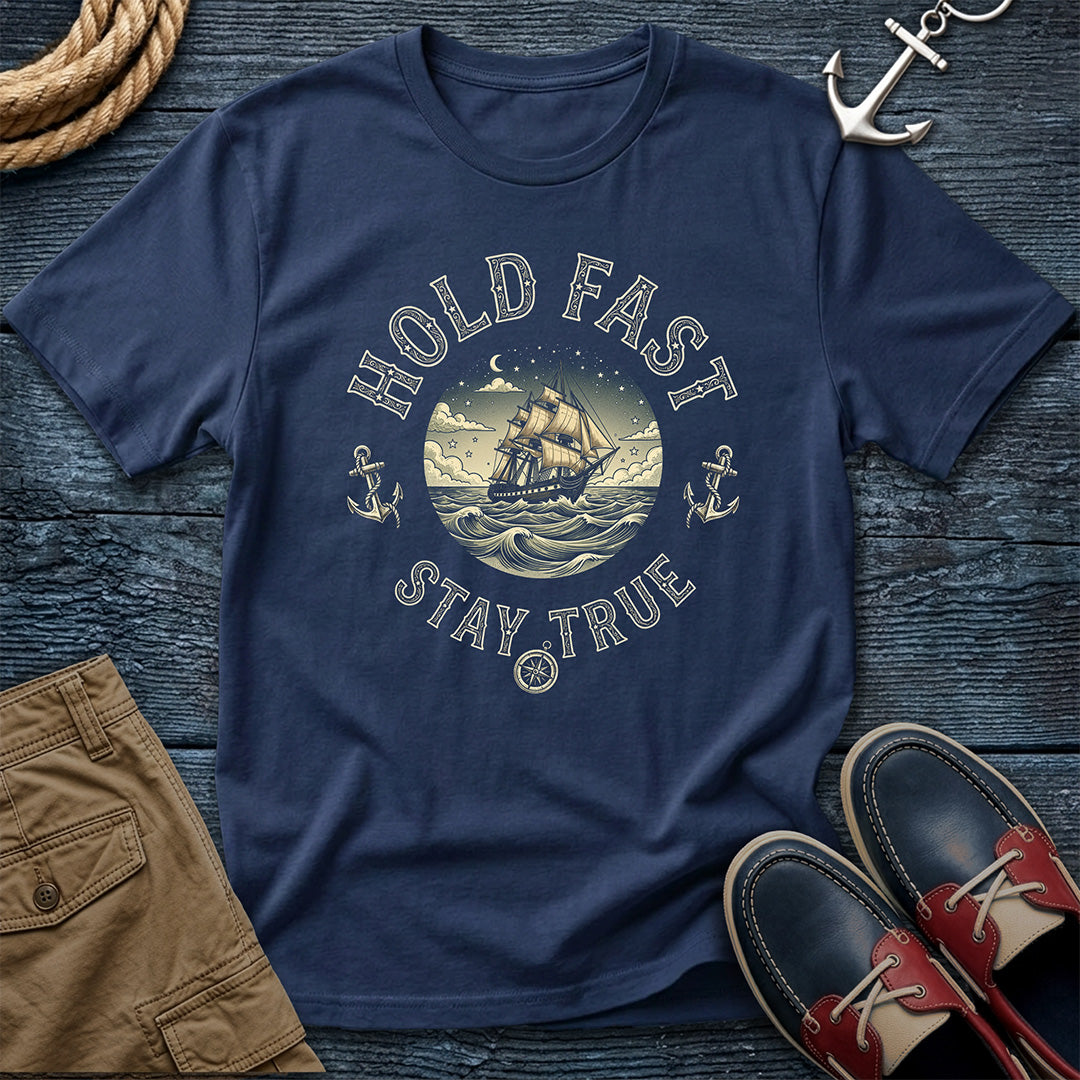 Navy Hold Fast Stay True T-Shirt in Red – nautical tall ship graphic tee by Salty Shirts