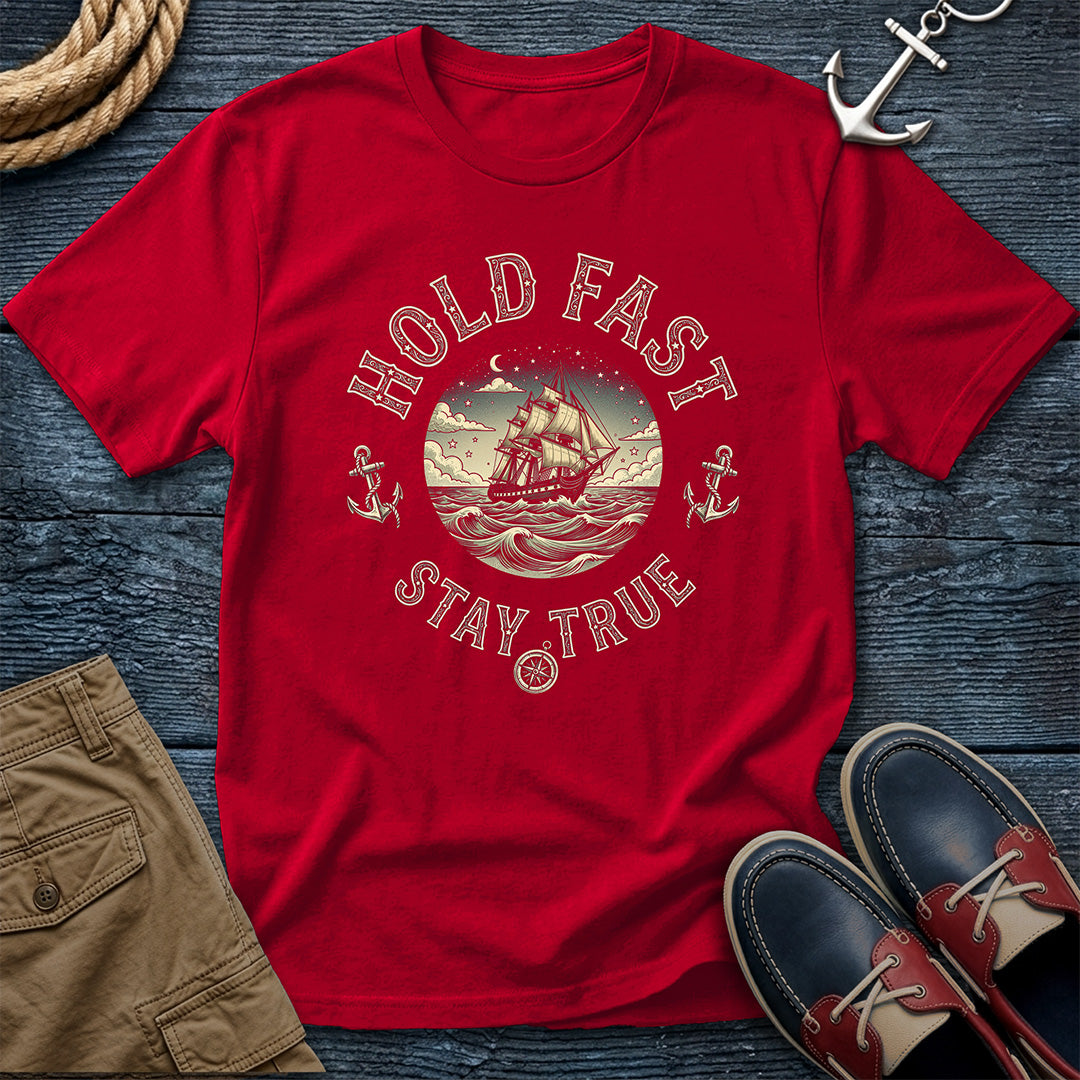 Red	Hold Fast Stay True T-Shirt in Red – nautical tall ship graphic tee by Salty Shirts