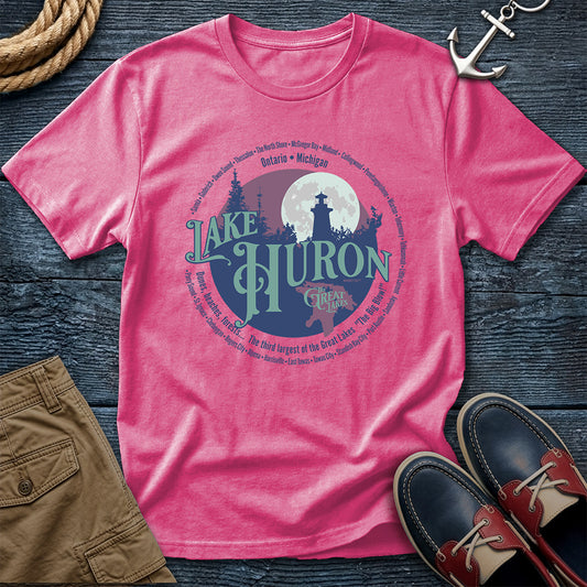 Pink t-shirt Lake Huron Great Lakes tee featuring Michigan and Ontario shoreline towns. Vintage circle design on Comfort Colors 1717 garment-dyed cotton. For the boaters, beachgoers, and lake people.