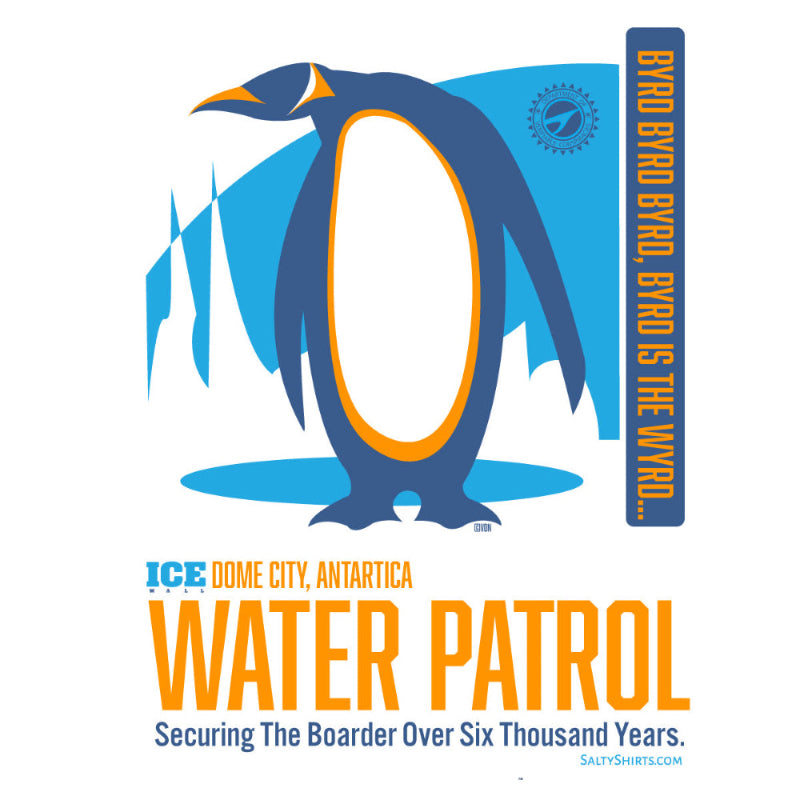 Penguin illustration with text about Water Patrol in Antarctica on a white background