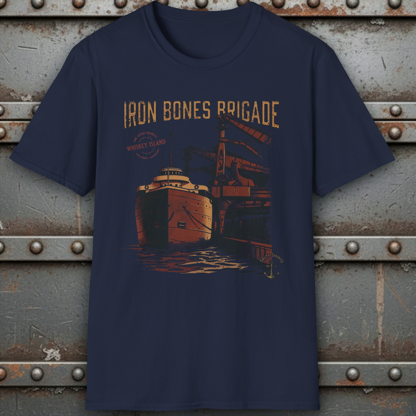 Navy blue t-shirt with 'Iron Bones Brigade' graphic design on a metal background