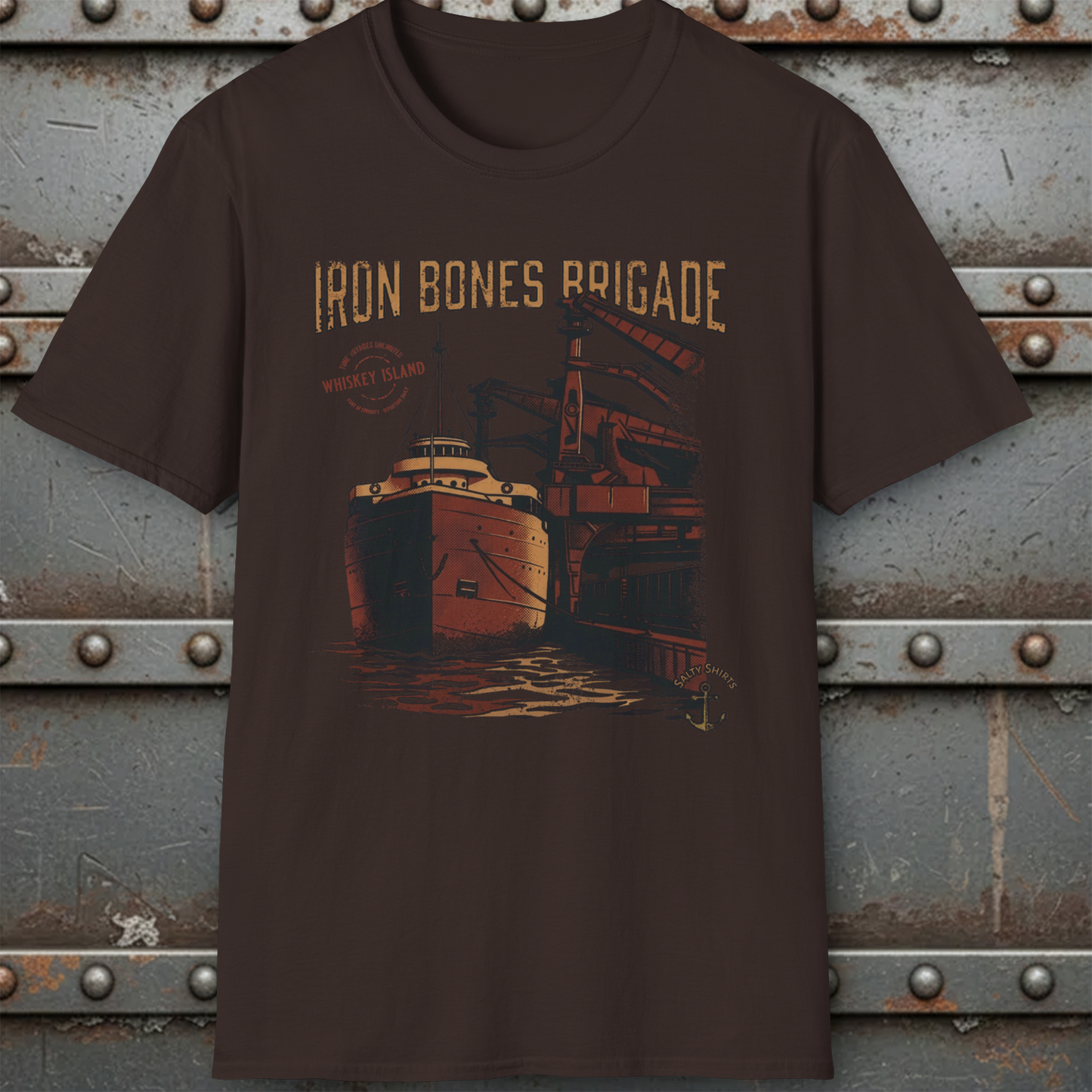 Brown t-shirt with 'Iron Bones Brigade' graphic design on a metal background