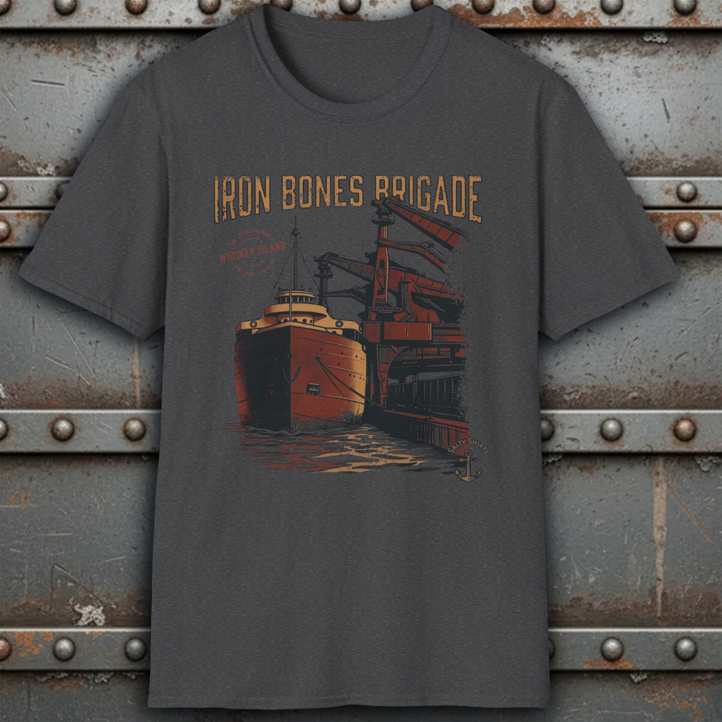Gray t-shirt with 'Iron Bones Brigade' graphic design on a metal background