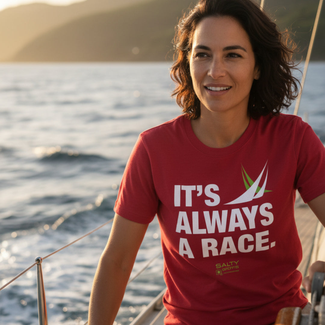 Red It’s Always a Race sailing t-shirt featuring a sailboat racing design
