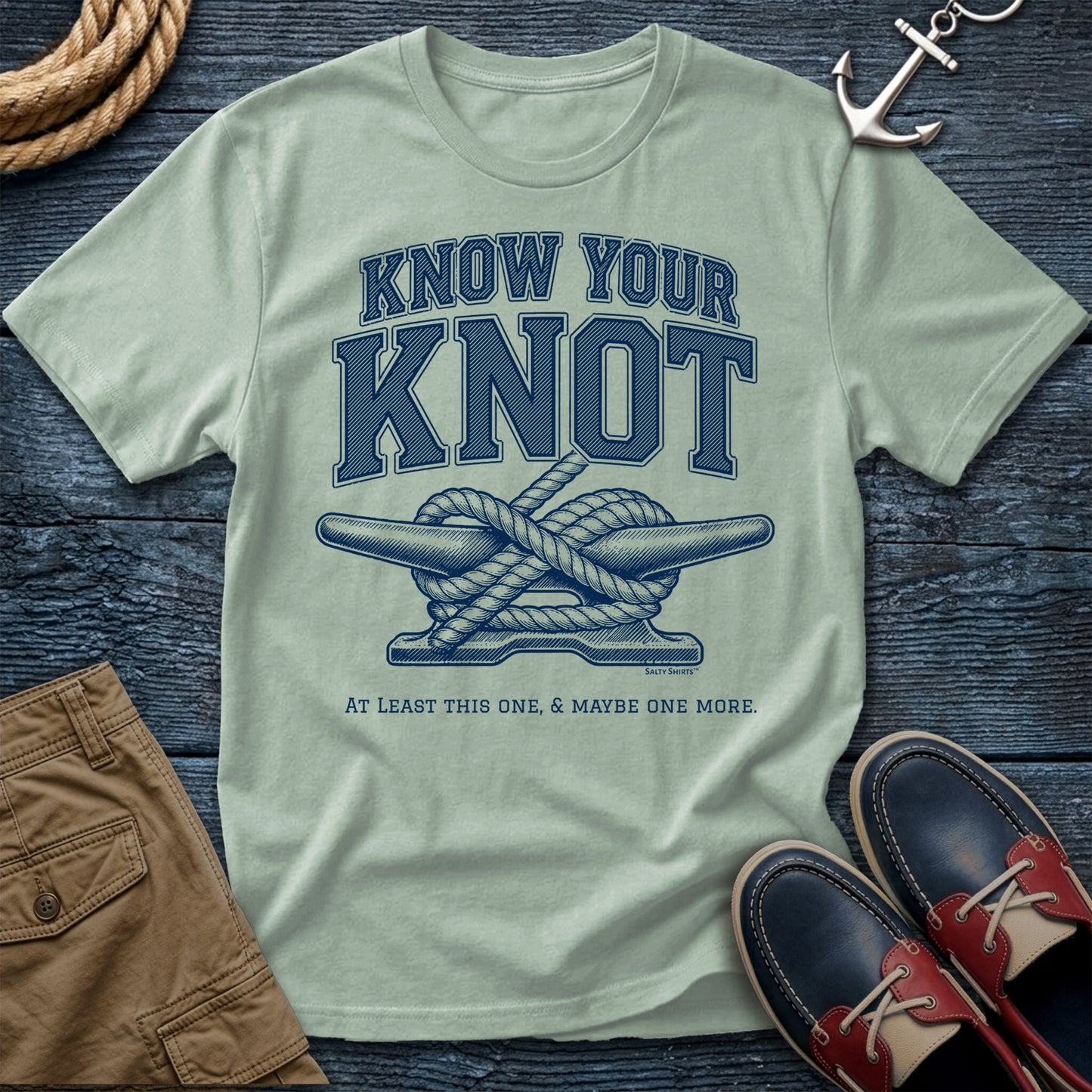 Light green t-shirt with 'Know Your Knot' graphic.