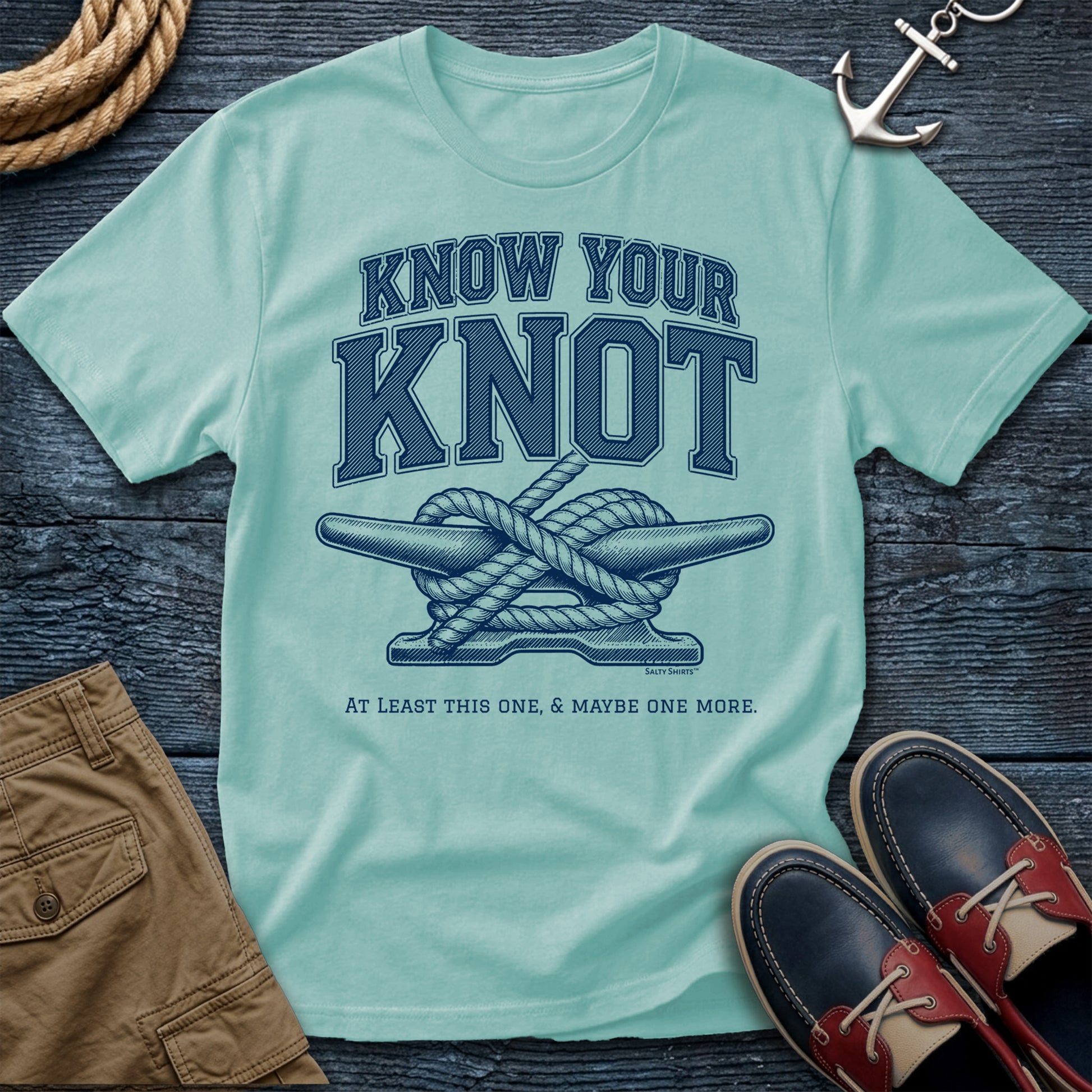 Mint green t-shirt with 'Know Your Knot' graphic