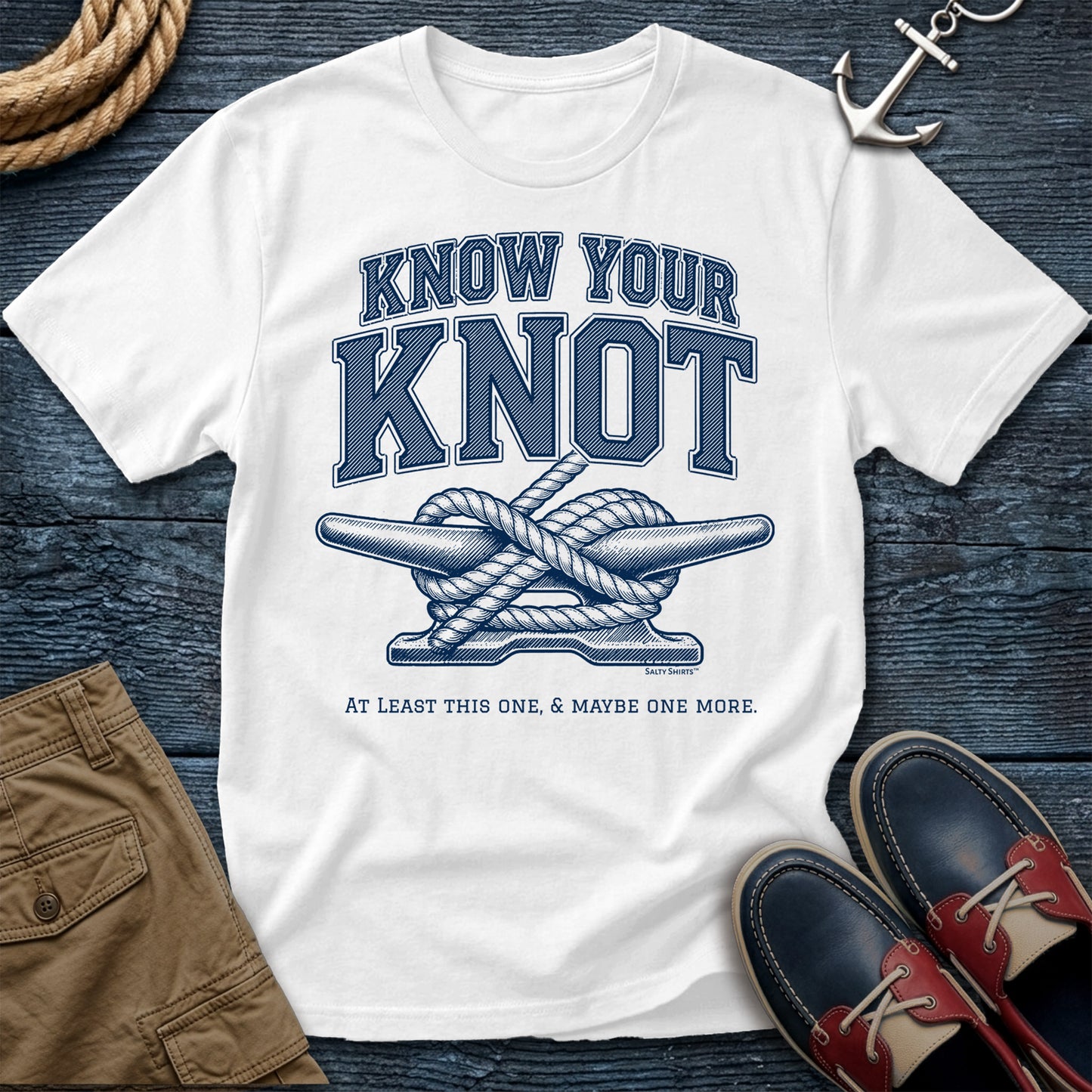 White t-shirt with 'Know Your Knot' graphic design.