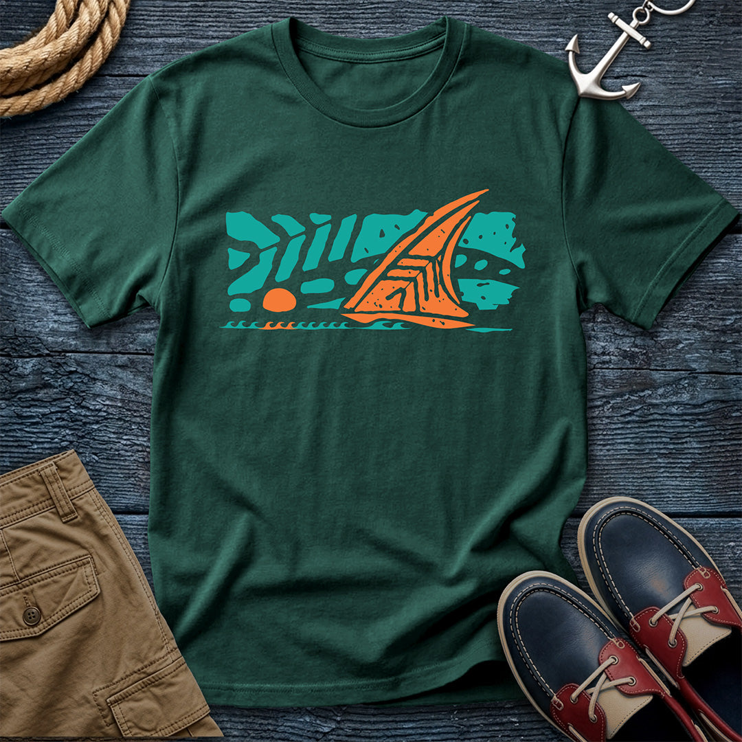 Salty Shirts Koa Horizon Sailboat Tee in Blue Spruce — garment-dyed Comfort Colors unisex t-shirt with island sailboat graphic
