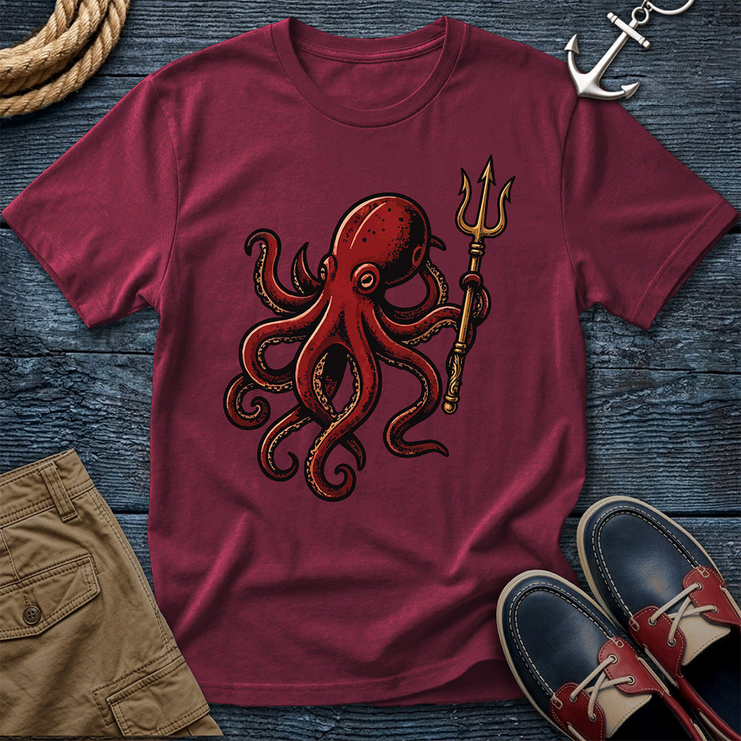 Kraken & Trident sailor tattoo t-shirt in brick red — traditional flash art graphic tee for ocean lovers