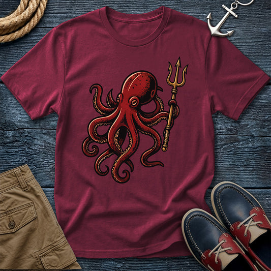 Kraken & Trident sailor tattoo t-shirt in brick red — traditional flash art graphic tee for ocean lovers