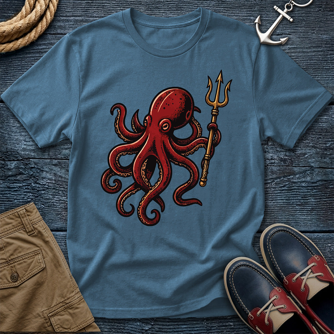 Kraken & Trident graphic t-shirt in denim blue — vintage sailor tattoo flash art tee for nautical wardrobe