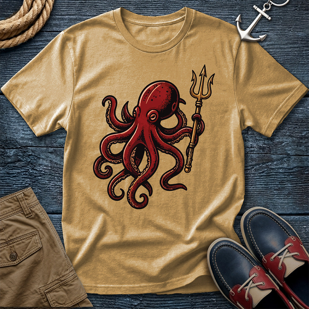 Kraken & Trident sailor tattoo tee in mustard yellow — bold traditional flash art graphic shirt for beach days