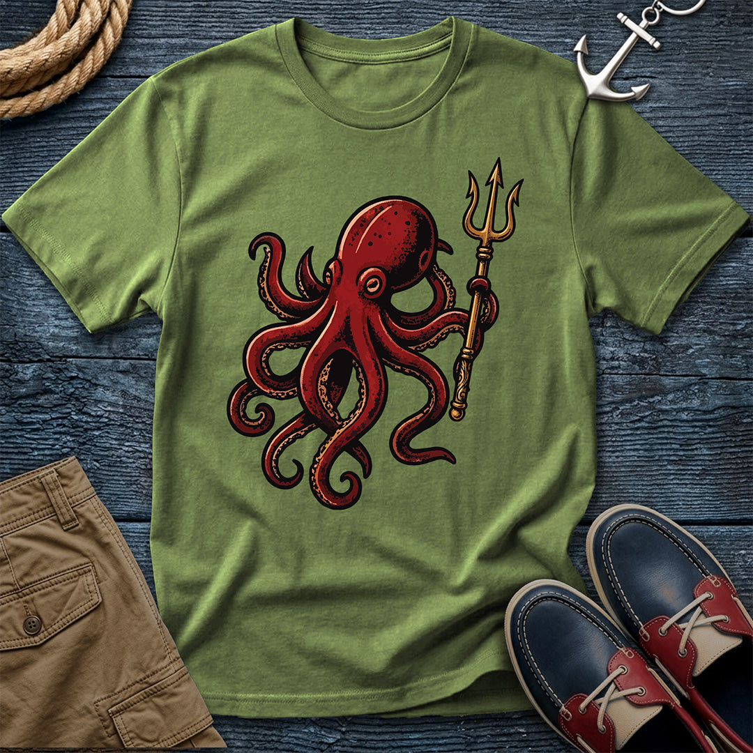 Kraken & Trident tattoo t-shirt in sage green — traditional sailor flash art tee for coastal lifestyle