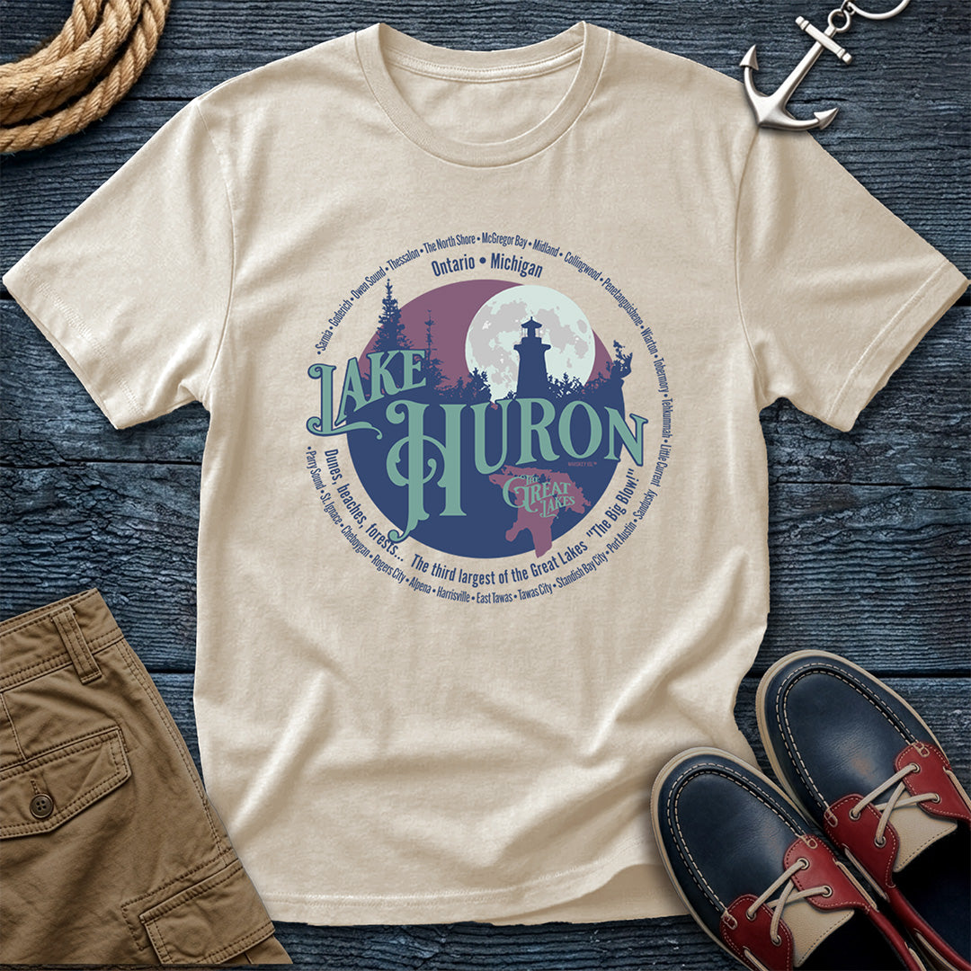 Lake Huron Great Lakes tee featuring Michigan and Ontario shoreline towns. Vintage circle design on Comfort Colors 1717 garment-dyed cotton. For the boaters, beachgoers, and lake people. Ivory Color T-shirt