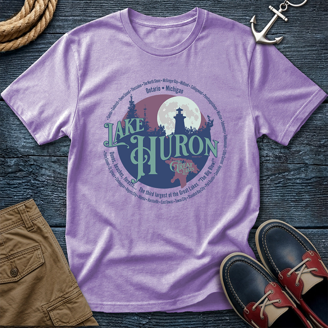 Lake Huron Great Lakes tee featuring Michigan and Ontario shoreline towns. Vintage circle design on Comfort Colors 1717 garment-dyed cotton. For the boaters, beachgoers, and lake people.