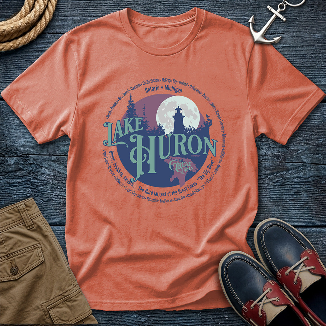 Lake Huron Great Lakes tee featuring Michigan and Ontario shoreline towns. Vintage circle design on Comfort Colors 1717 garment-dyed cotton. For the boaters, beachgoers, and lake people.