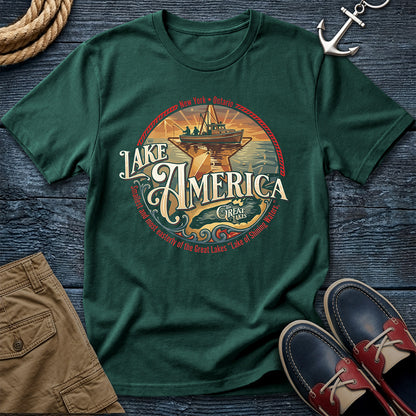 "Lake America Crest Tee in Blue Spruce — vintage Great Lakes graphic tee with wooden fishing boat and Lake Ontario crest design on Comfort Colors 1717"