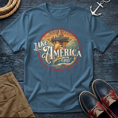 "Lake America Crest Tee in Denim — vintage Great Lakes graphic tee with wooden fishing boat and Lake Ontario crest design on Comfort Colors 1717"