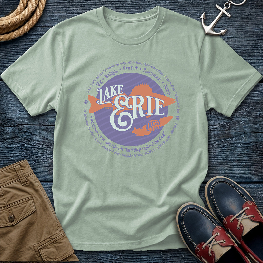 Lake Erie Walleye Capital of the World Bay tee. Shoreline cities from all five border states. Comfort Colors 1717 garment-dyed cotton in Bay. For Ohio and Erie shore regulars.