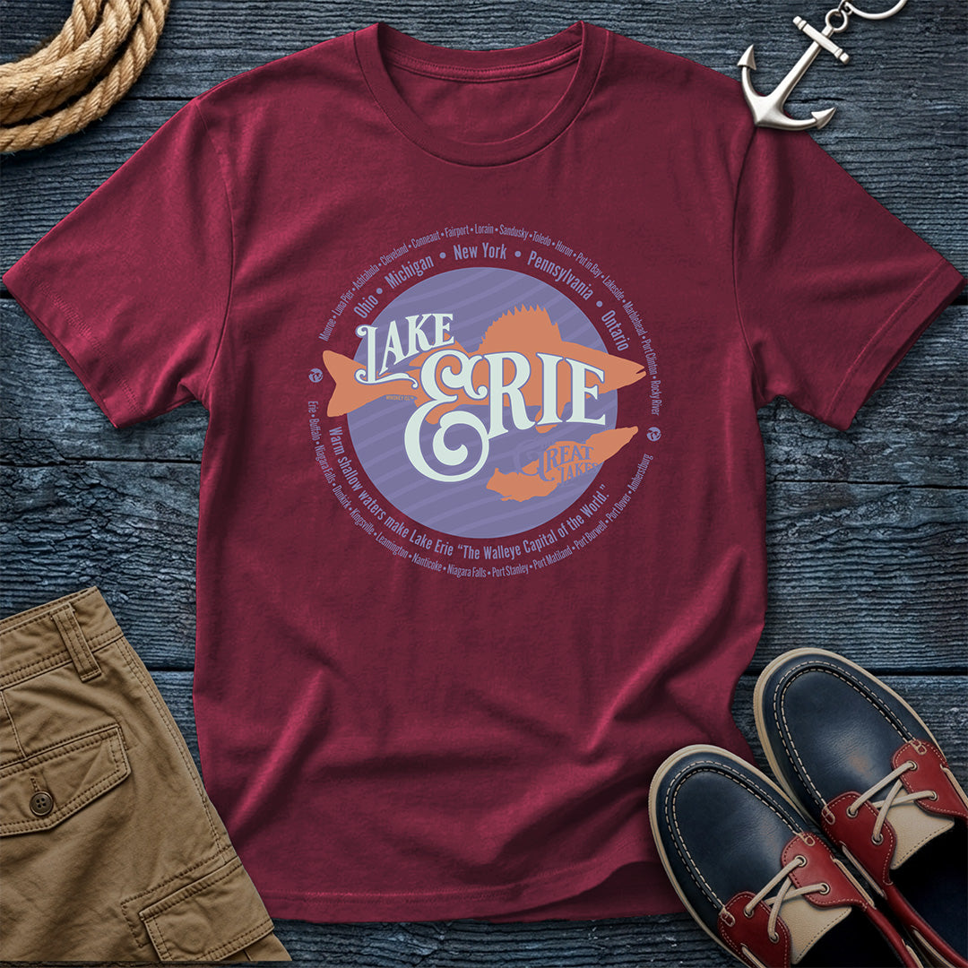 Lake Erie Walleye Capital of the World Brick tee. Shoreline cities from all five border states. Comfort Colors 1717 garment-dyed cotton in Bay. For Ohio and Erie shore regulars.