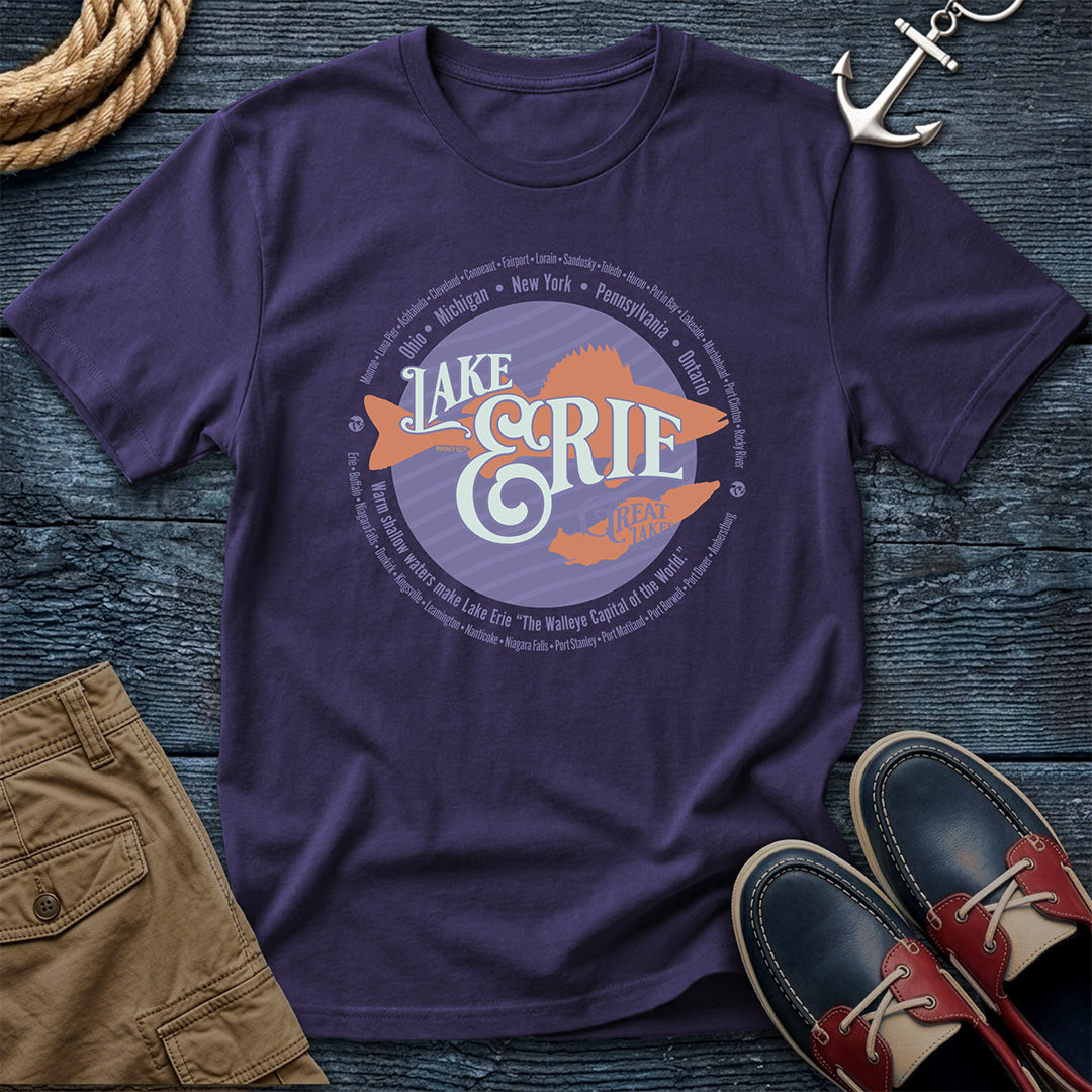 Lake Erie Walleye Capital of the World grape tee. Shoreline cities from all five border states. Comfort Colors 1717 garment-dyed cotton in Bay. For Ohio and Erie shore regulars.