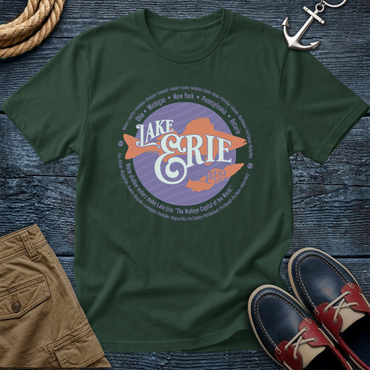 Lake Erie Walleye Capital of the World Moss tee. Shoreline cities from all five border states. Comfort Colors 1717 garment-dyed cotton in Bay. For Ohio and Erie shore regulars.