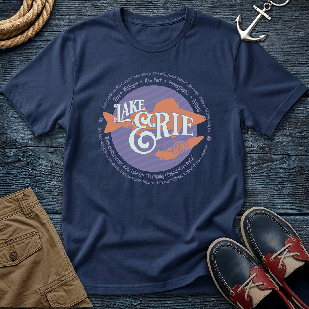 Lake Erie Walleye Capital of the World Navy tee. Shoreline cities from all five border states. Comfort Colors 1717 garment-dyed cotton in Bay. For Ohio and Erie shore regulars.
