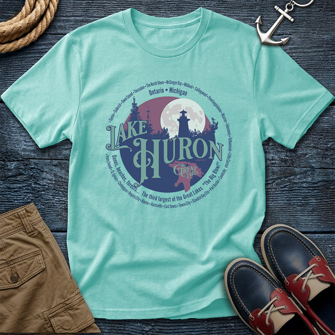 Lake Huron Great Lakes tee featuring Michigan and Ontario shoreline towns. Vintage circle design on Comfort Colors 1717 garment-dyed cotton. For the boaters, beachgoers, and lake people.