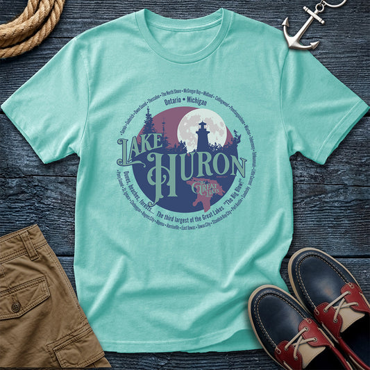 Lake Huron Great Lakes tee featuring Michigan and Ontario shoreline towns. Vintage circle design on Comfort Colors 1717 garment-dyed cotton. For the boaters, beachgoers, and lake people.