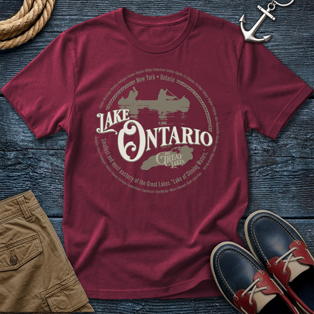 Lake Ontario Great Lakes Brick tee. New York and Ontario shoreline cities. Canoe and lake outline design on Comfort Colors 1717 garment-dyed cotton. The easternmost lake, fully represented.