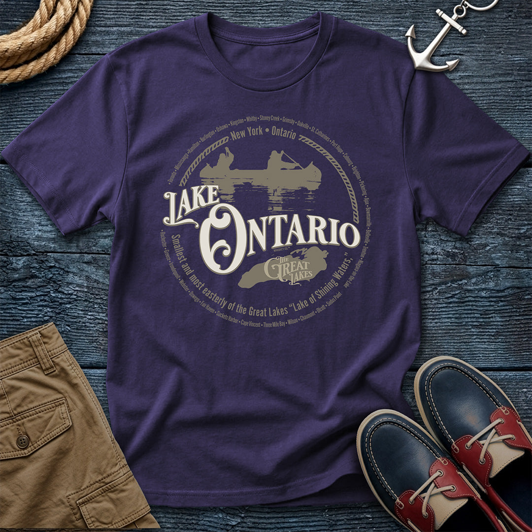 Lake Ontario Great Lakes Grape tee. New York and Ontario shoreline cities. Canoe and lake outline design on Comfort Colors 1717 garment-dyed cotton. The easternmost lake, fully represented.