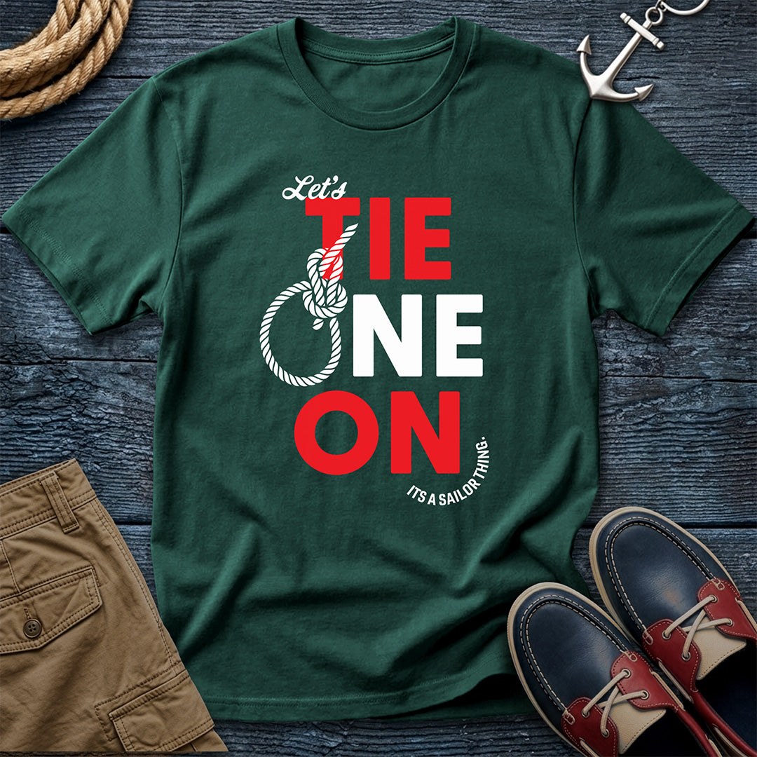 Let's Tie One On T-Shirt in Blue Spruce— bowline knot sailing humor graphic on Comfort Colors garment-dyed cotton