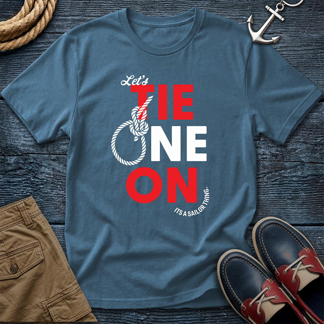 Let's Tie One On T-Shirt in Denim — bowline knot sailing humor graphic on Comfort Colors garment-dyed cotton