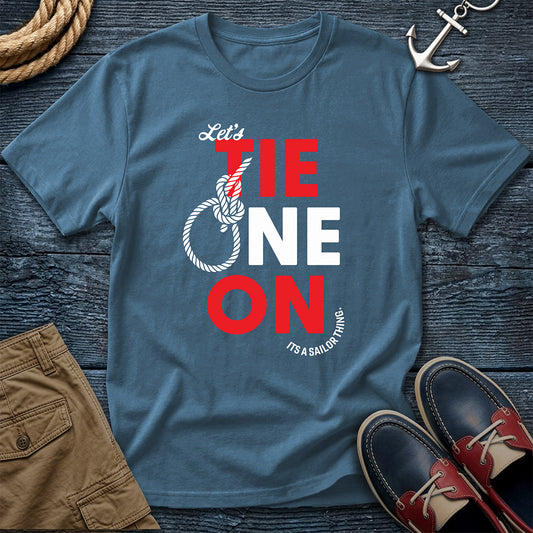 Let's Tie One On T-Shirt in Denim — bowline knot sailing humor graphic on Comfort Colors garment-dyed cotton
