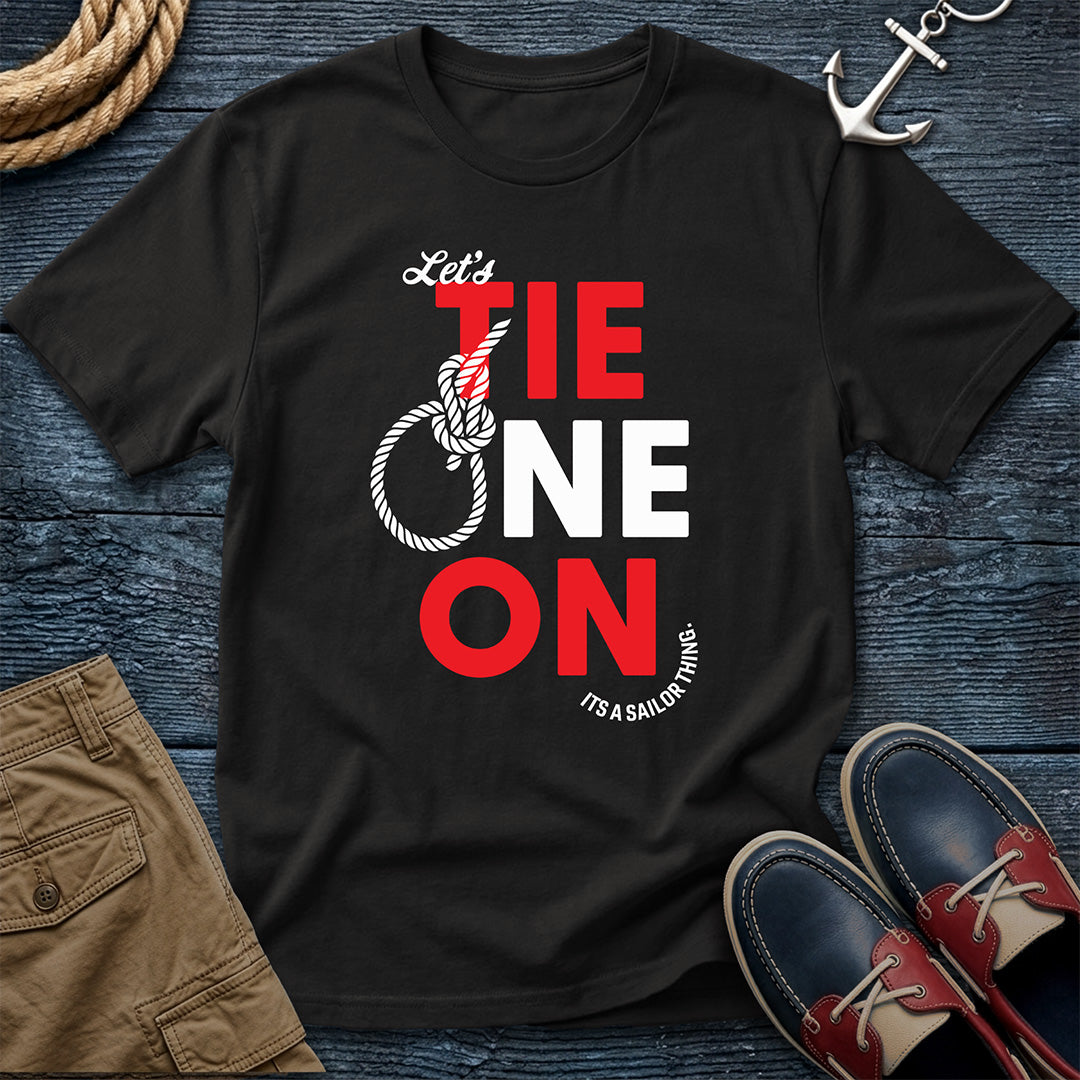 Let's Tie One On T-Shirt in True Black — bowline knot sailing humor graphic on Comfort Colors garment-dyed cotton