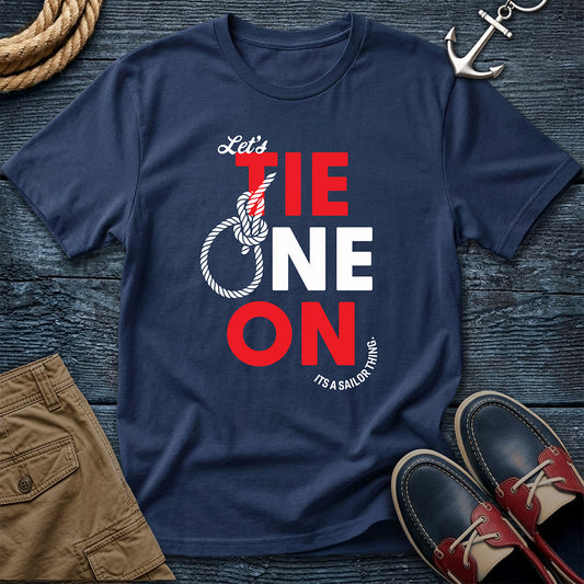 Let's Tie One On T-Shirt in True Navy — bowline knot sailing humor graphic on Comfort Colors garment-dyed cotton