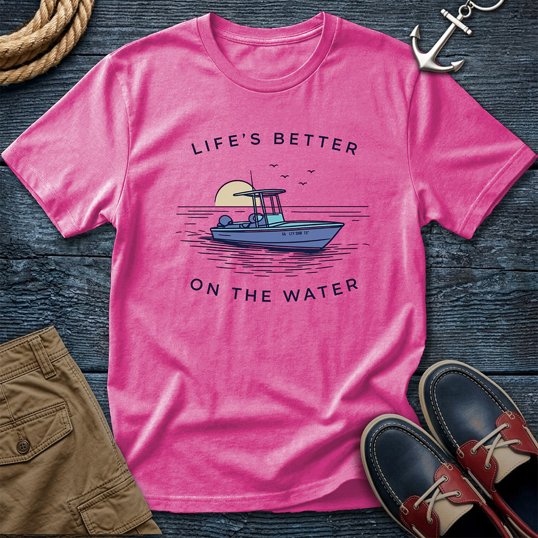 Life's Better on the Water T-Shirt in 
Heliconia — boat life graphic tee on Gildan Softstyle 64000