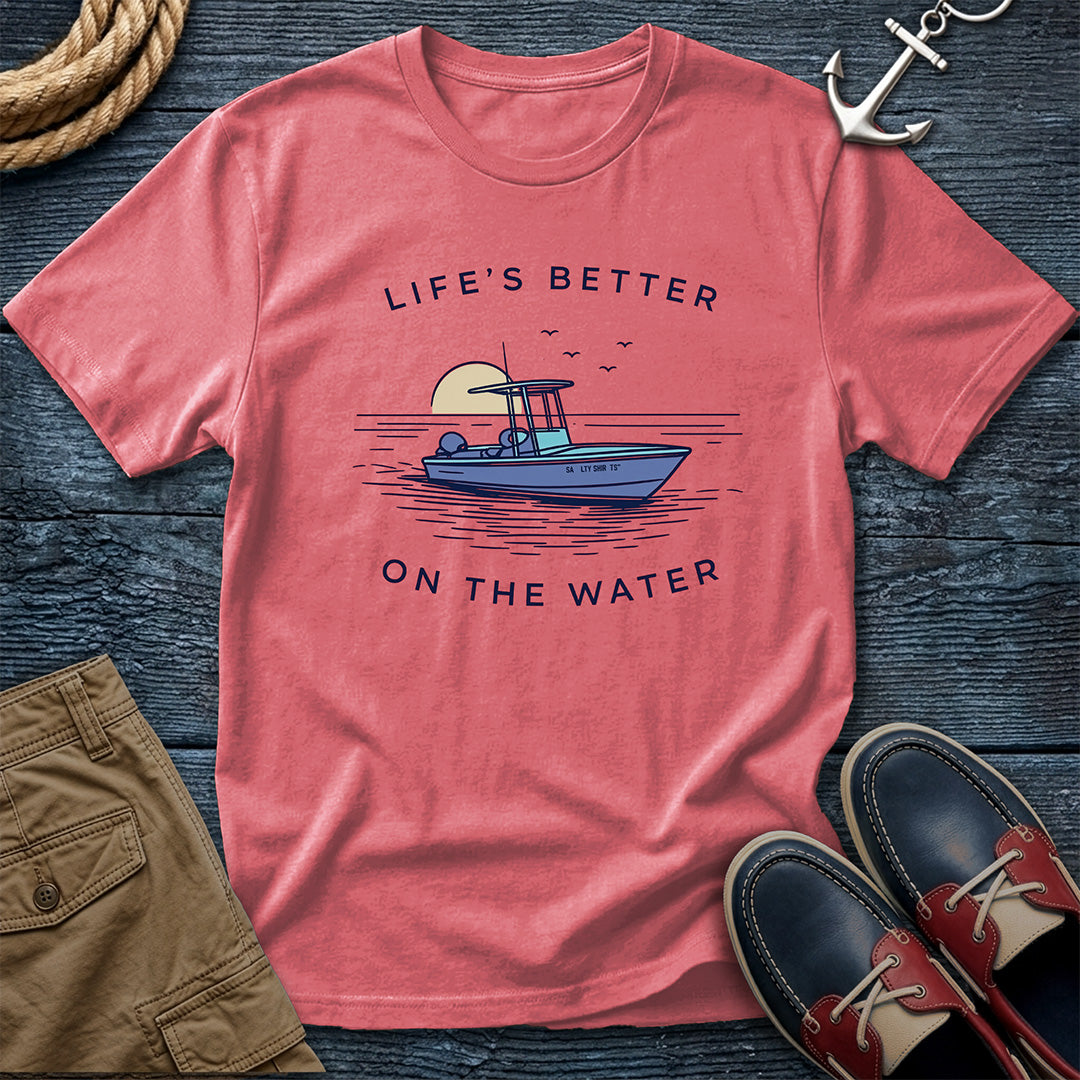 Life's Better on the Water T-Shirt in Coral Silk — boat life graphic tee on Gildan Softstyle 64000
