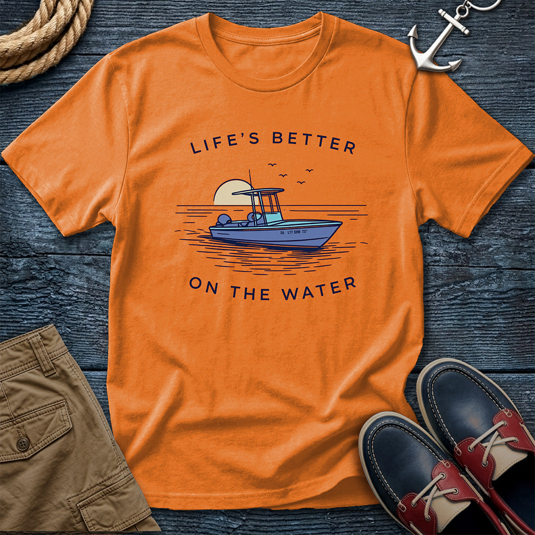 Life's Better on the Water T-Shirt in Orange — boat life graphic tee on Gildan Softstyle 64000