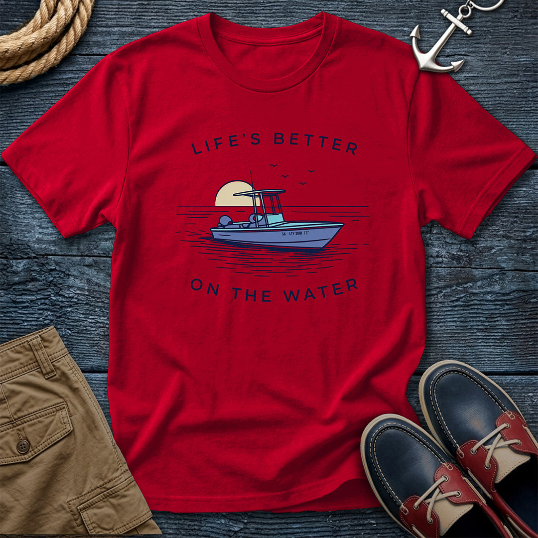 Life's Better on the Water T-Shirt in Red— boat life graphic tee on Gildan Softstyle 64000