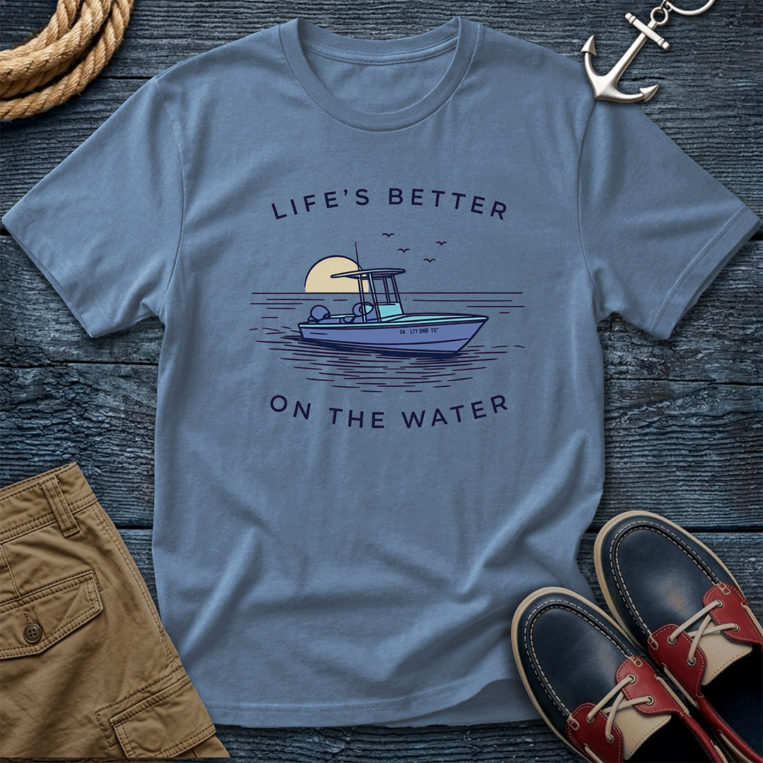 Life's Better on the Water T-Shirt in Stone Blue — boat life graphic tee on Gildan Softstyle 64000